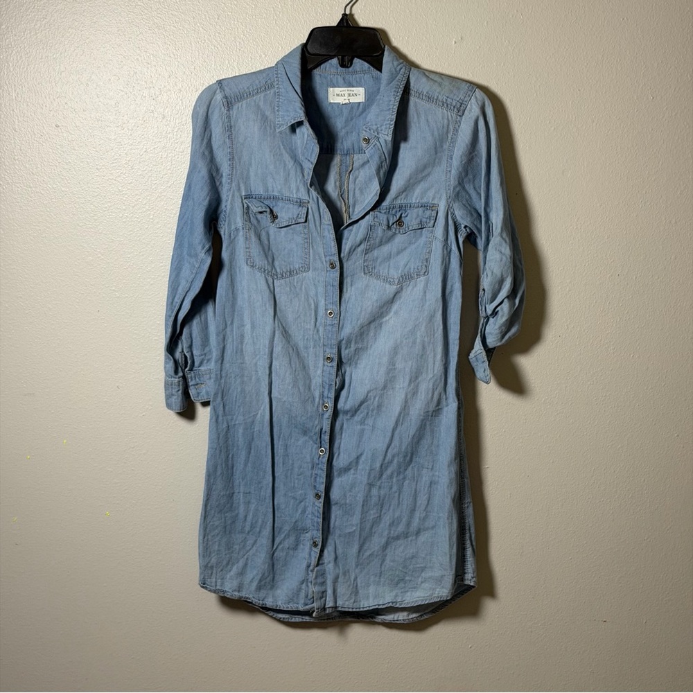Wax Jean Women Chambray‎ Button Up Light Blue Denim Shirt Dress size Small